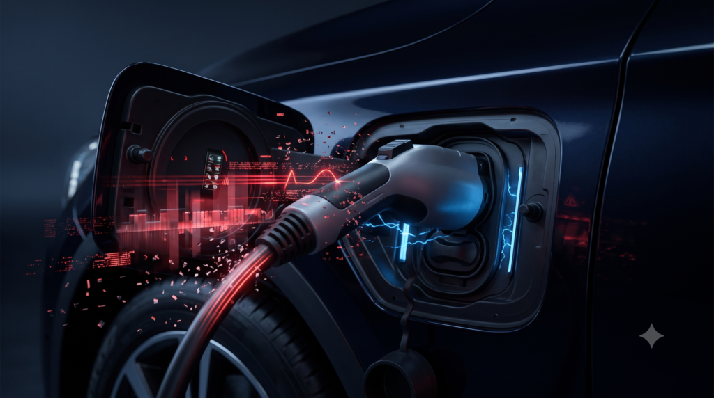 EV charging port cybersecurity vulnerability illustration