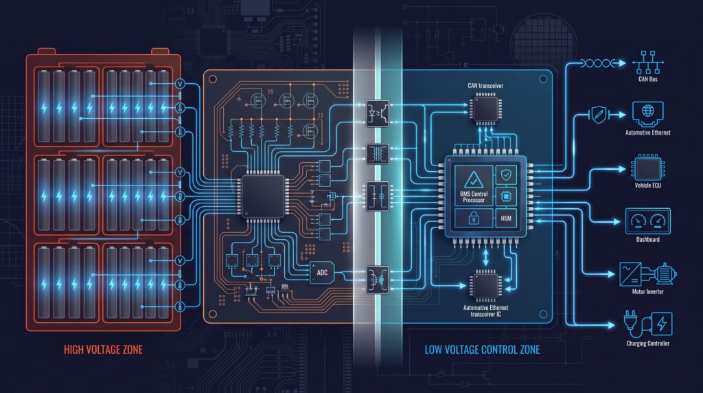 battery management system BMS architecture diagram showing high voltage low voltage isolation