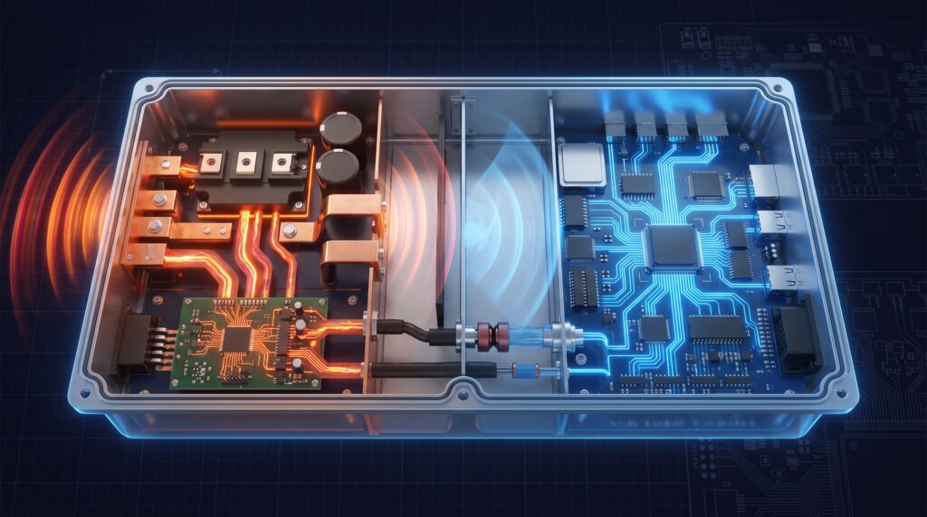 automotive EMC shielding diagram separating high voltage power electronics from low voltage signal domain
