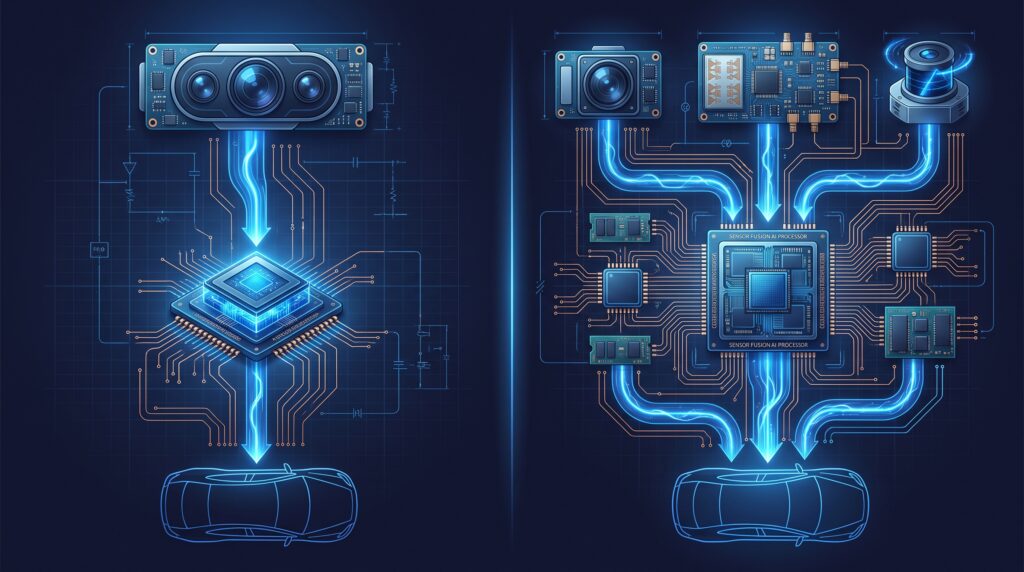 vision-only vs multi-modal sensor stack diagram comparing camera-only and camera radar lidar fusion architectures