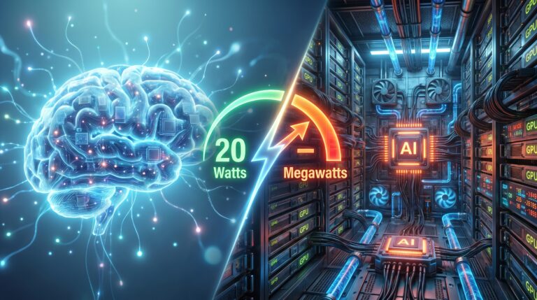 Neuromorphic chips inspiration human brain running on 20 watts compared to AI data center GPU clusters consuming megawatts — illustrating the AI energy crisis