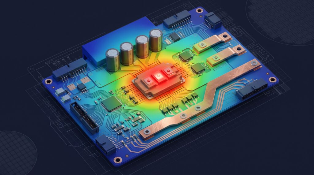 PCB thermal simulation heatmap showing hotspot around automotive power semiconductor module
