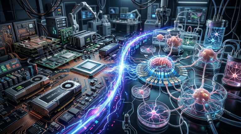 biocomputing visualization showing silicon GPU chips and PCB boards meeting living brain neurons and organoids on electrode arrays