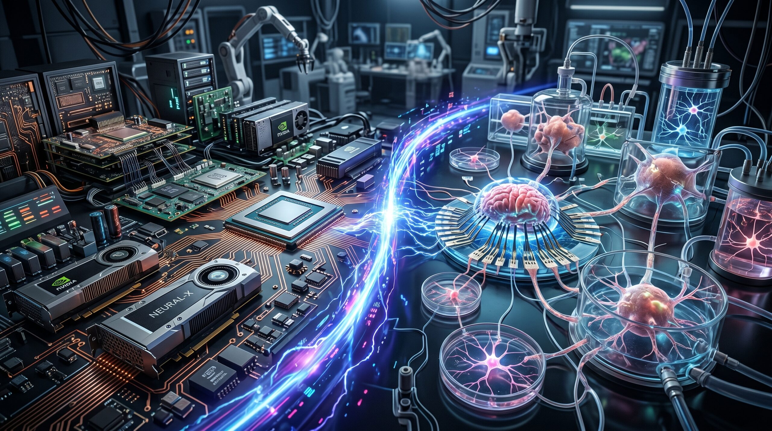 biocomputing visualization showing silicon GPU chips and PCB boards meeting living brain neurons and organoids on electrode arrays