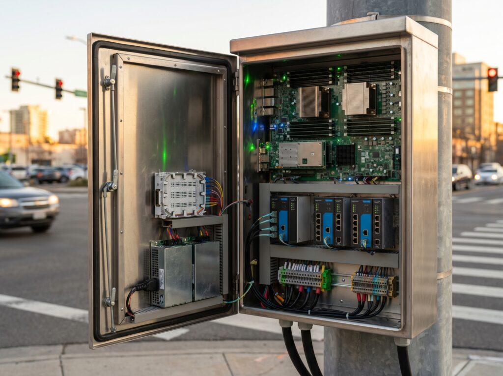 Smart city hardware edge computing node inside a ruggedized traffic cabinet enclosure, running local AI inference for real-time urban data processing