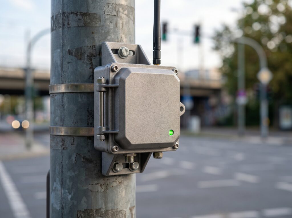 LoRaWAN IoT sensor node used in smart city hardware deployments for air quality, parking occupancy, and environmental monitoring