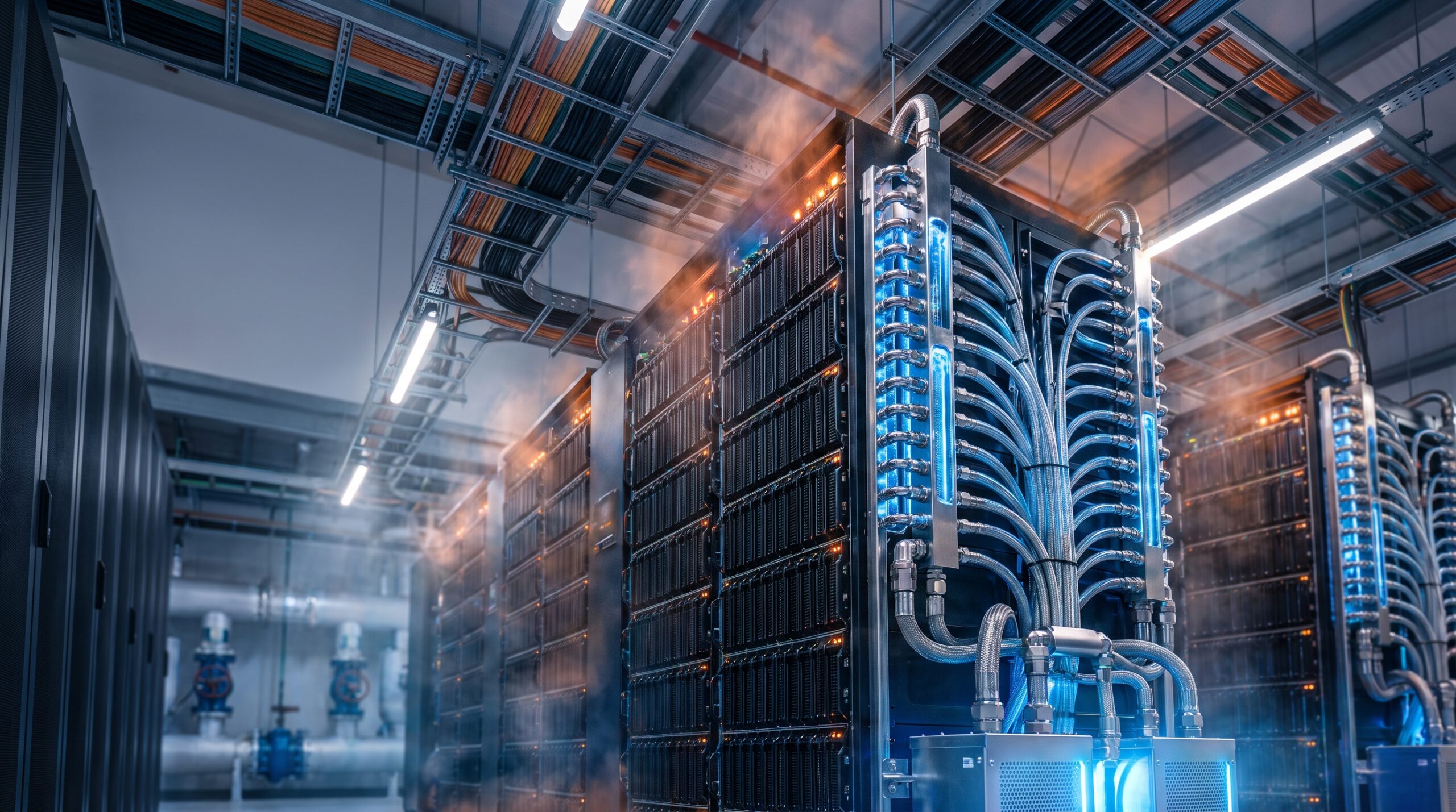 AI data center cooling system with blue-lit liquid cooling manifolds and flexible hoses running into a dense GPU server rack