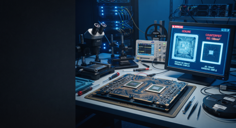 Lab workstation comparing a genuine versus counterfeit semiconductor chip under microscope inspection