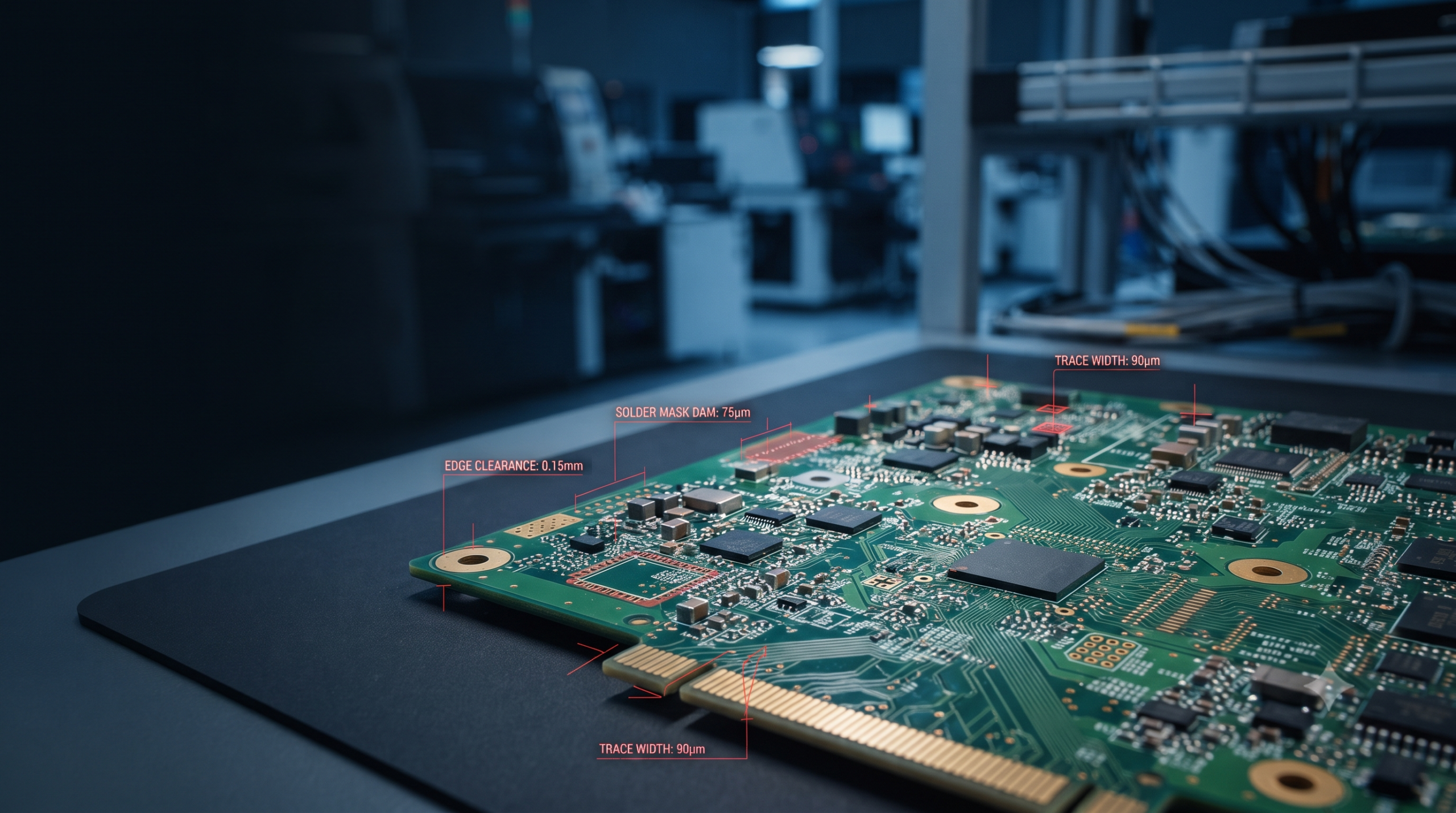 PCB DFM mistakes — annotated circuit board showing edge clearance, trace width, and solder mask callouts