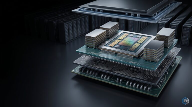 AI chip packaging exploded view showing a compute die, HBM memory stacks, and multi-layer PCB substrate above a data center server rack