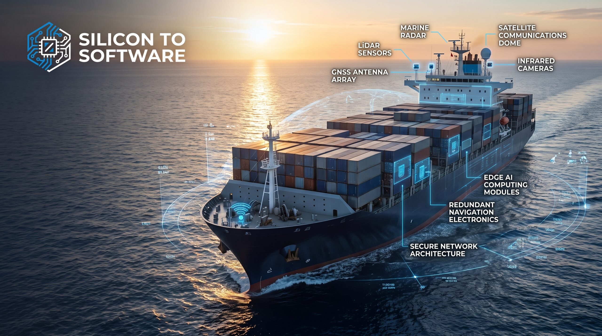 Autonomous cargo ship using AI navigation, radar, LiDAR, embedded systems, satellite communications, and maritime cybersecurity technologies to transport cargo at sea.