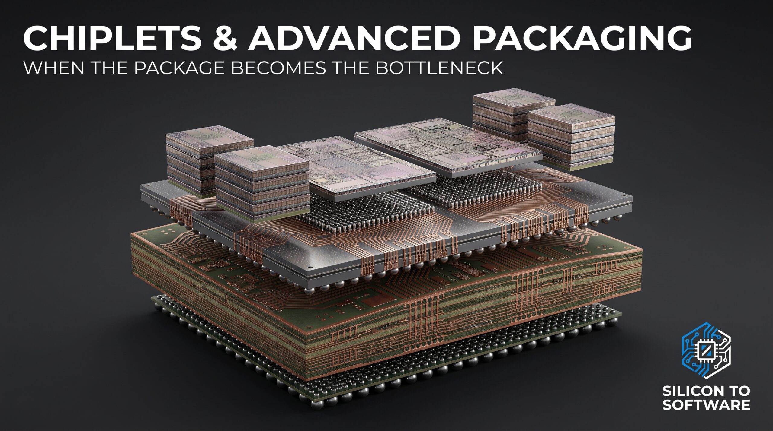 Chiplets and advanced packaging: exploded view of a multi-die chip package on a silicon interposer and organic substrate