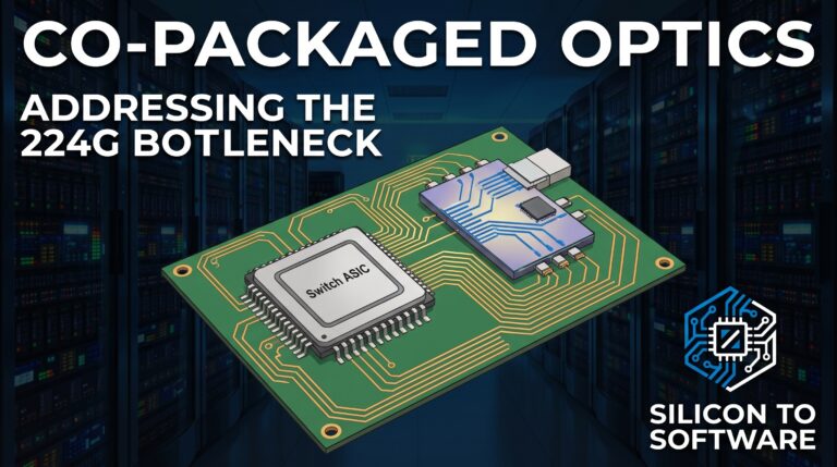 Co-packaged optics diagram showing a switch ASIC and optical module mounted on a PCB in an AI data center server rack, addressing the 224G bandwidth bottleneck