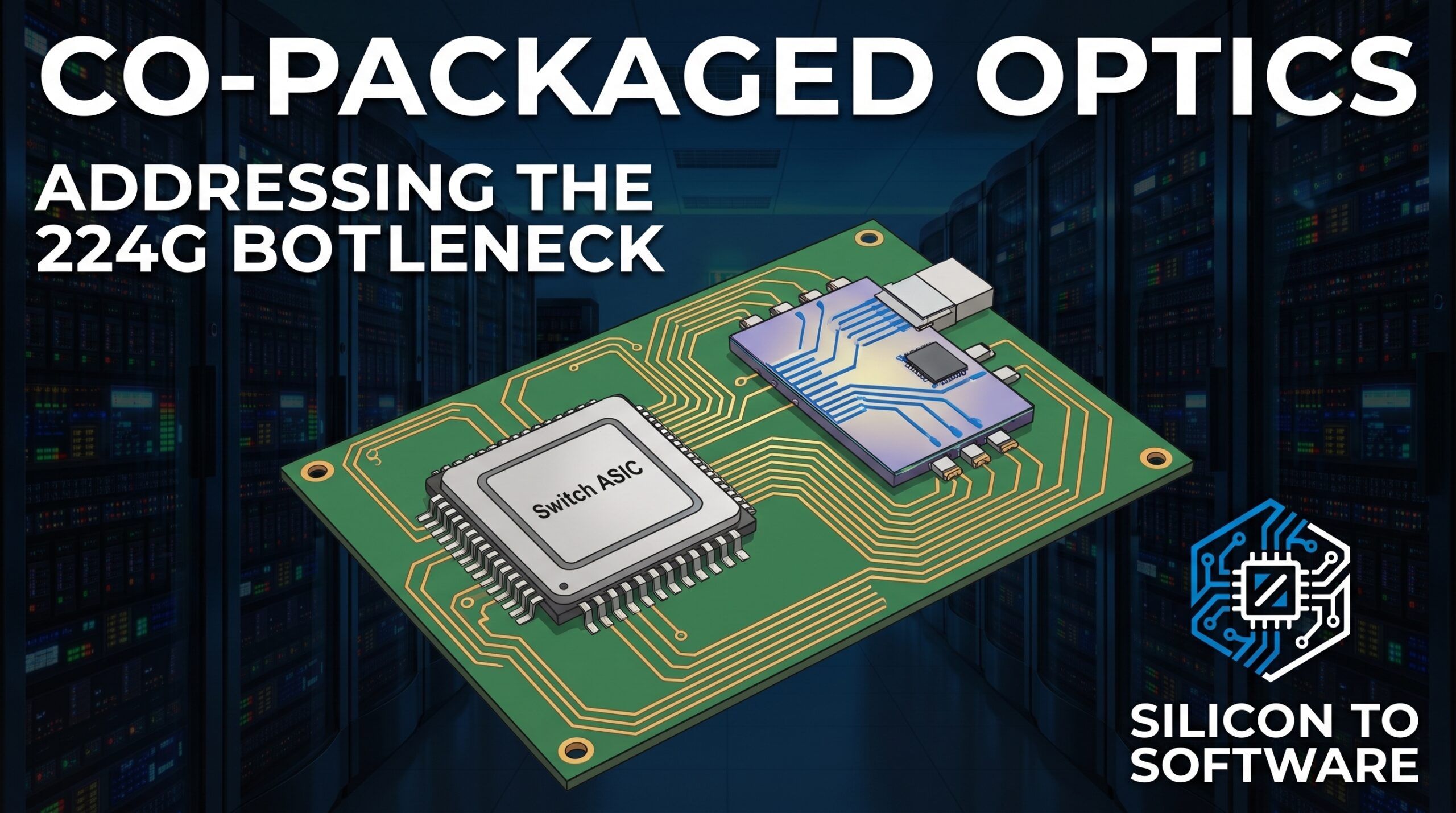 Co-packaged optics diagram showing a switch ASIC and optical module mounted on a PCB in an AI data center server rack, addressing the 224G bandwidth bottleneck