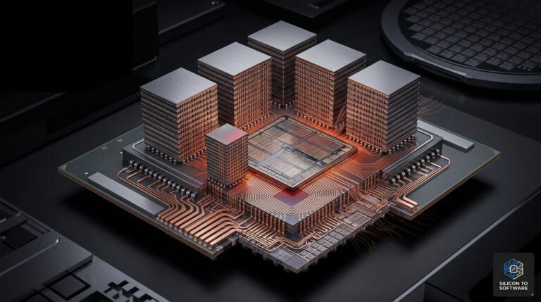HBM4 packaging bottleneck — AI accelerator package with HBM4 memory stacks and compute die mounted on a substrate, semiconductor wafer in background