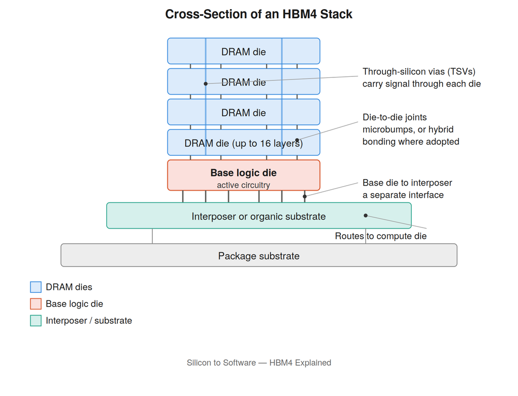 HBM4 stack cross-section diagram showing DRAM dies connected by through-silicon vias, a base logic die, and the interposer routing signals to the compute die