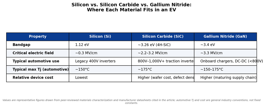 Silicon vs silicon carbide vs gallium nitride comparison table for EV power electronics