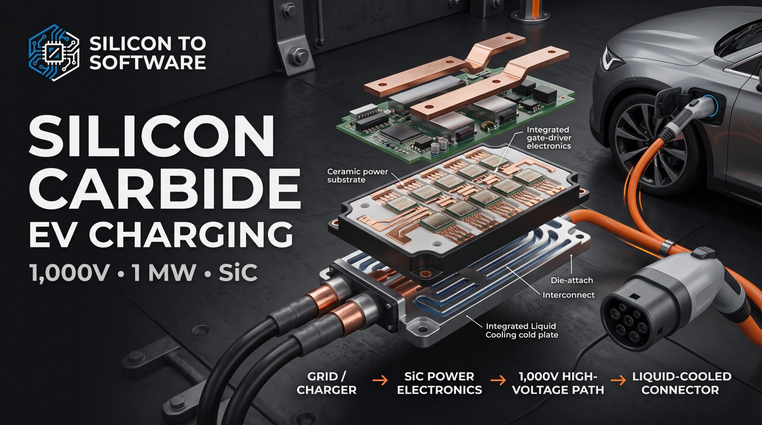Silicon carbide EV charging: exploded illustration of a SiC power module with liquid cooling