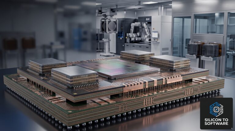 TSMC Arizona bottleneck — AI accelerator package with HBM memory stacks and silicon die mounted on a BGA substrate, semiconductor cleanroom in background