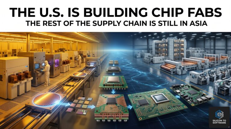 The US is building chip fabs, but the rest of the supply chain is still in Asia — split illustration of a US wafer fab and an Asian PCB and packaging facility