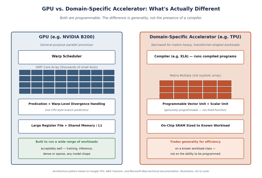 Both a GPU and a TPU are programmable — the real difference is generality, not the presence of a compiler.