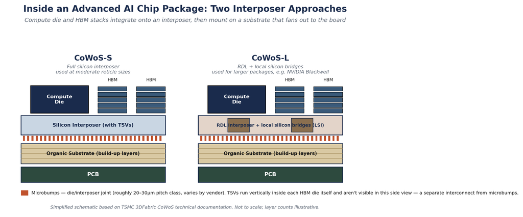 CoWoS-S uses a full silicon interposer; CoWoS-L swaps that for an RDL interposer with local silicon bridges — the variant used for NVIDIA's Blackwell line.