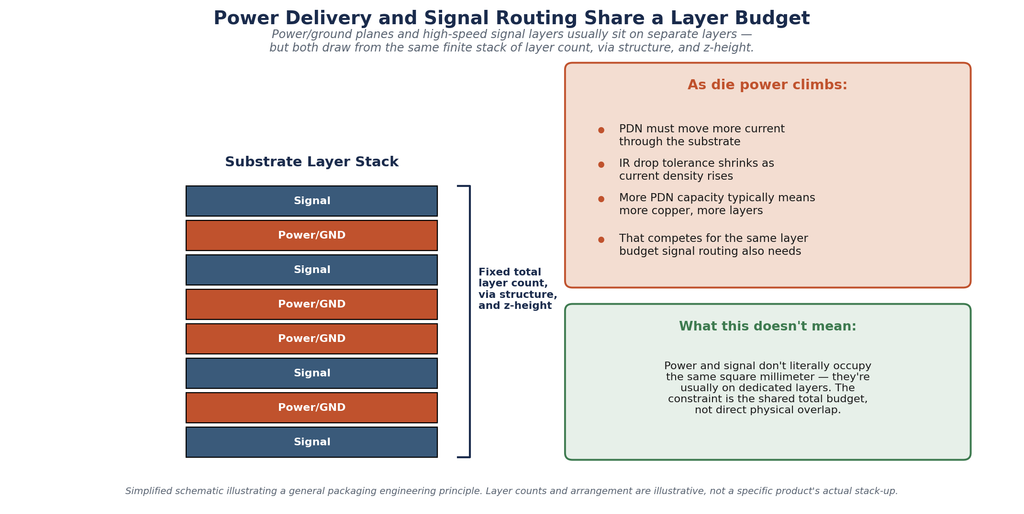 Power and signal don't share the same square millimeter — but they compete for the same finite layer count, via structure, and z-height budget.