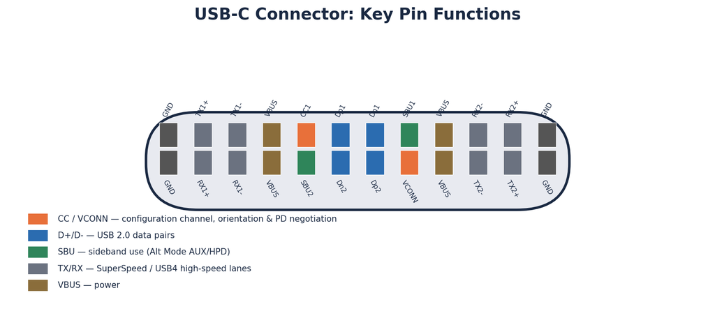 USB-C connector pinout diagram showing CC1/CC2 configuration channel pins, VCONN, D+/D- USB 2.0 data pairs, SBU sideband pins, TX/RX high-speed lanes, and VBUS power pins across the 24-pin layout
