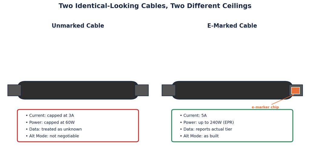 Side-by-side comparison showing why USB-C charging speeds differ: an unmarked cable capped at 3A and 60W versus an e-marked cable with a visible chip icon supporting 5A and up to 240W under Extended Power Range