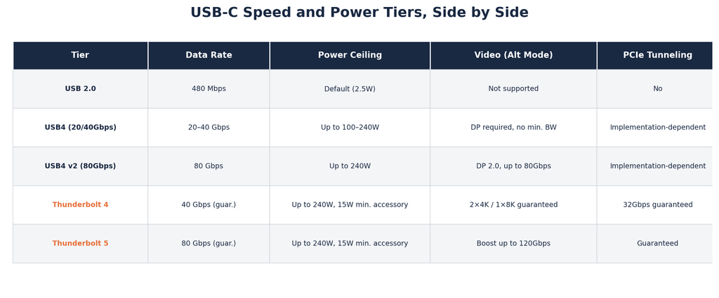 Comparison table of USB-C tiers showing data rate, power ceiling, video Alt Mode support, and PCIe tunneling for USB 2.0, USB4 20/40Gbps, USB4 v2 80Gbps, Thunderbolt 4, and Thunderbolt 5