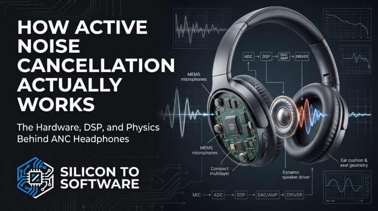 Cross-section of ANC headphones showing MEMS microphones, ADC, DSP, DAC/amplifier, and driver in the active noise cancellation signal path