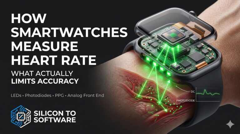 Exploded illustration of a smartwatch showing green LED light entering the wrist and returning to a photodiode, next to a heartbeat waveform, illustrating how smartwatches measure heart rate