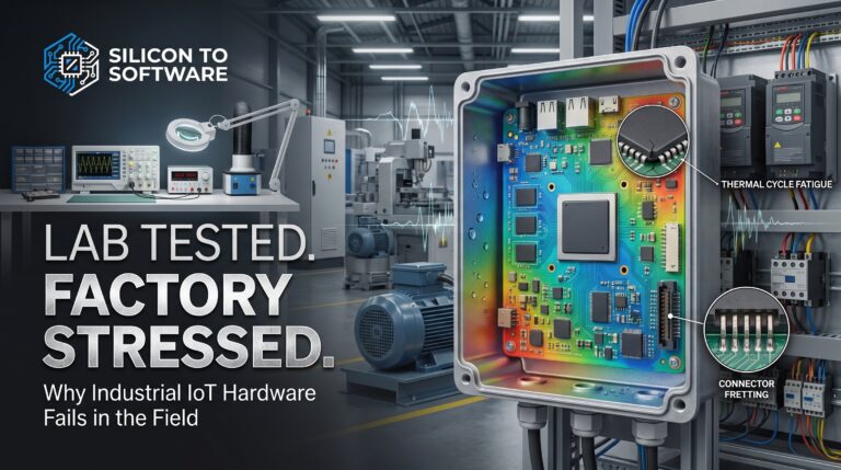 Industrial IoT hardware reliability: an opened outdoor enclosure with a thermally-mapped PCB showing moisture exposure, with callouts for thermal cycle fatigue at a cracked solder joint and connector fretting at worn contact pins, beside a lab test bench and factory-floor motor drives