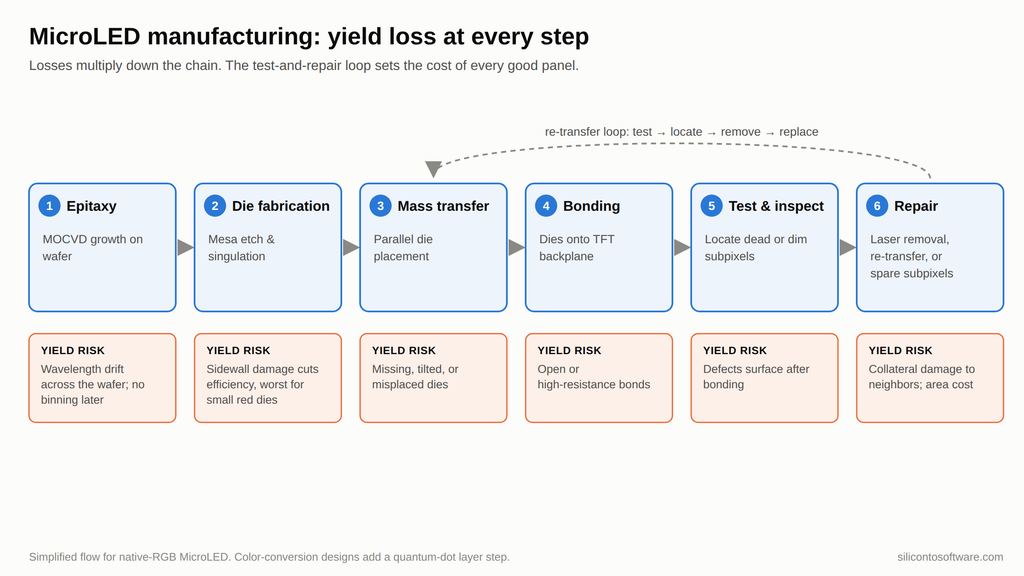 MicroLED manufacturing process flow from epitaxy, die fabrication, mass transfer, and bonding to test and repair, with the yield risk at each step
