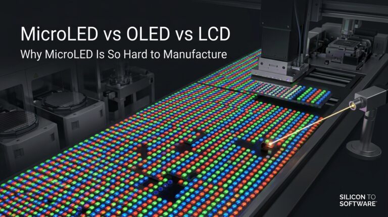 MicroLED vs OLED vs LCD cover illustration showing a mass-transfer head placing arrays of red, green, and blue MicroLED dies onto a display backplane, with missing dies being repaired by laser