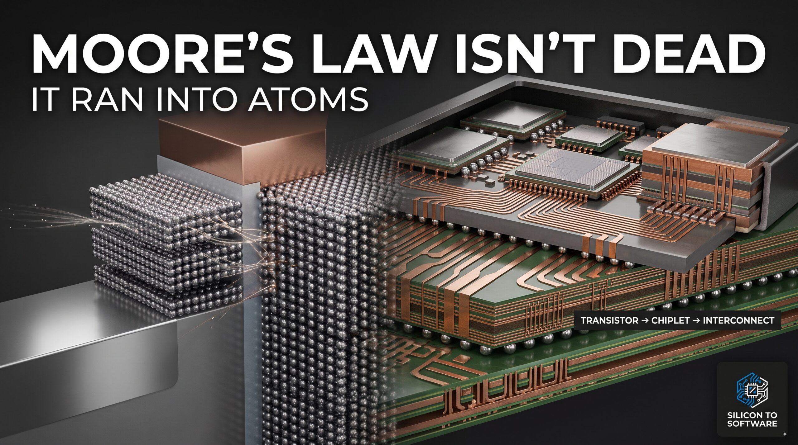 Moore's Law hitting atomic limits — a lattice of atoms transitioning into a chiplet package cross-section, labeled transistor to chiplet to interconnect