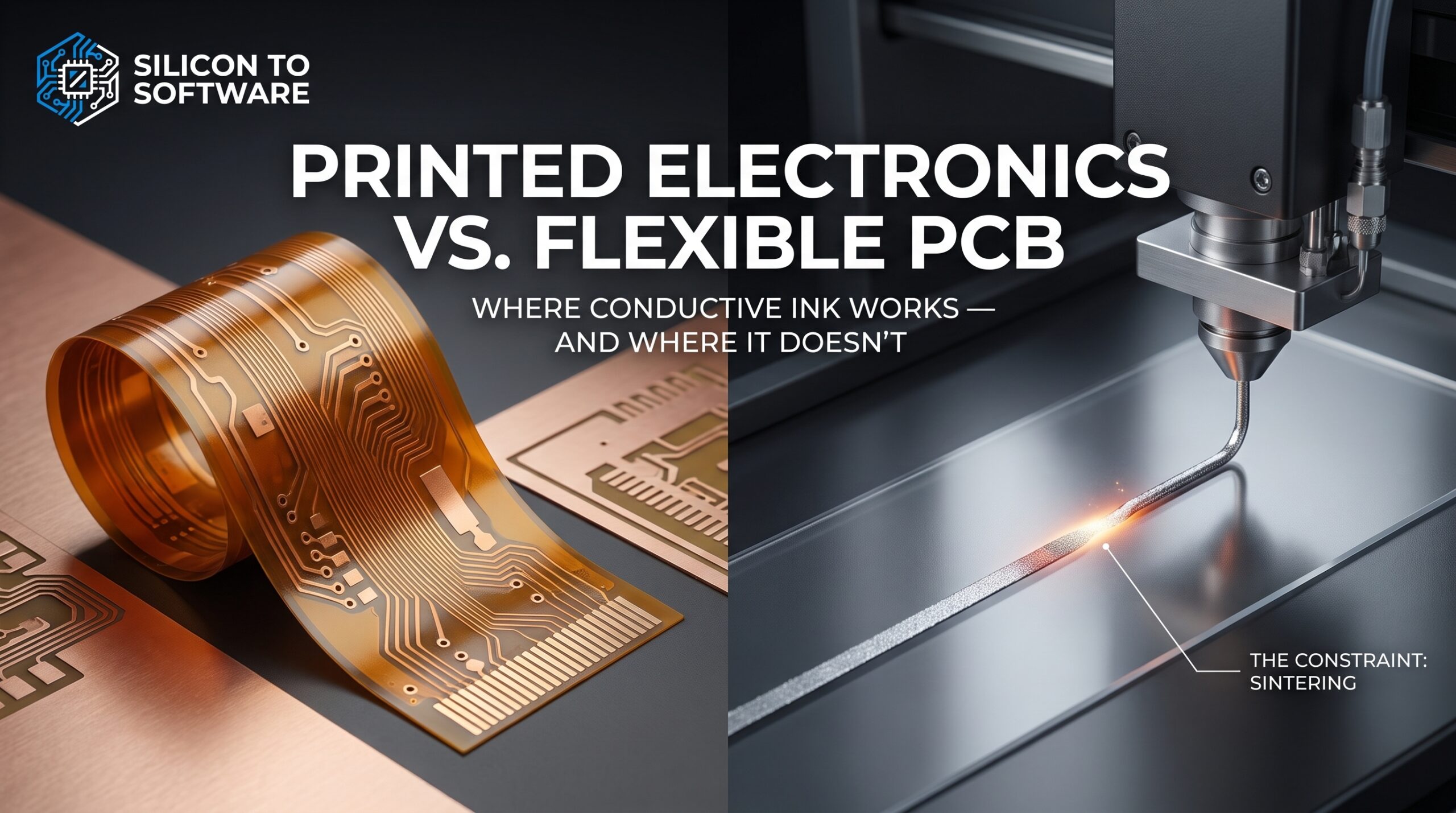 Split image showing a rolled flexible printed circuit with copper traces on polyimide film on the left, and a laser sintering a metallic conductive trace on a substrate on the right, illustrating printed electronics versus flexible PCB manufacturing