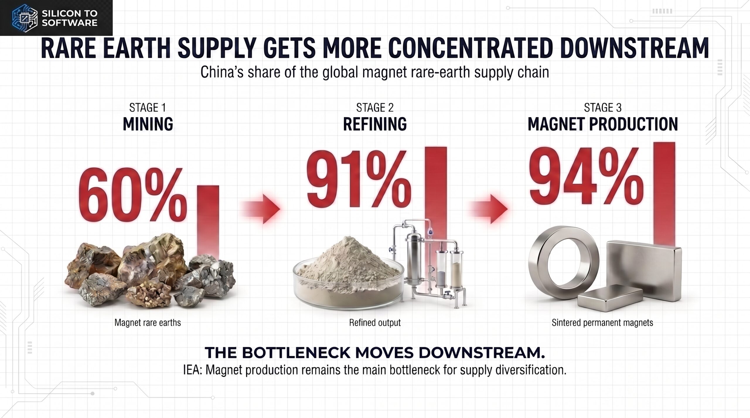 Infographic showing China's share of the rare earth magnets supply chain rising from 60% at mining to 91% at refining to 94% at magnet production