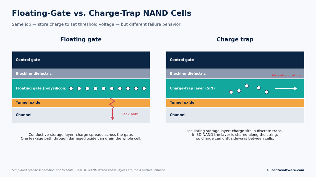 Diagram comparing floating-gate and charge-trap NAND flash cells, showing charge storage layers and failure paths