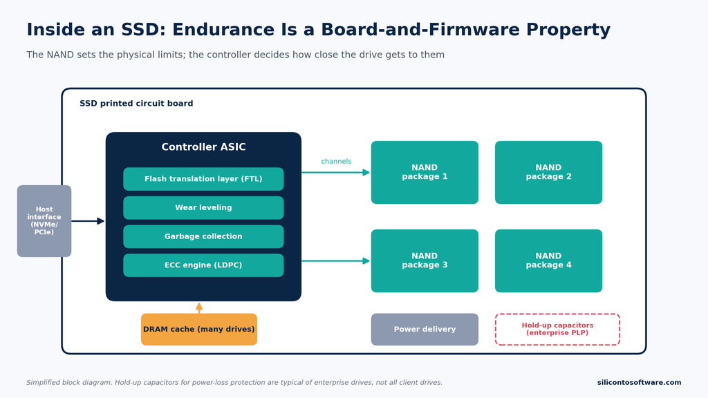 SSD block diagram with controller ASIC, FTL, wear leveling, garbage collection, LDPC ECC, DRAM and NAND packages
