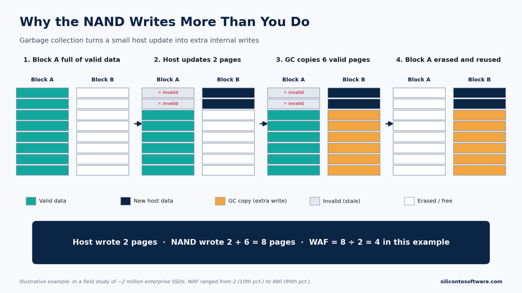 Garbage collection diagram showing how 2 host page writes become 8 NAND writes, a write amplification factor of 4