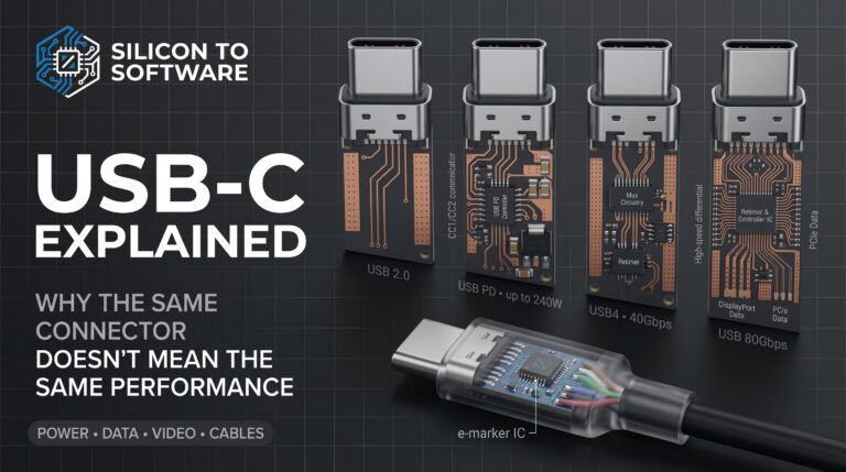 Four labeled USB-C connector cutaways showing increasing internal complexity from USB 2.0 to USB PD, USB4, and USB 80Gbps, alongside a cable cross-section revealing an embedded e-marker IC