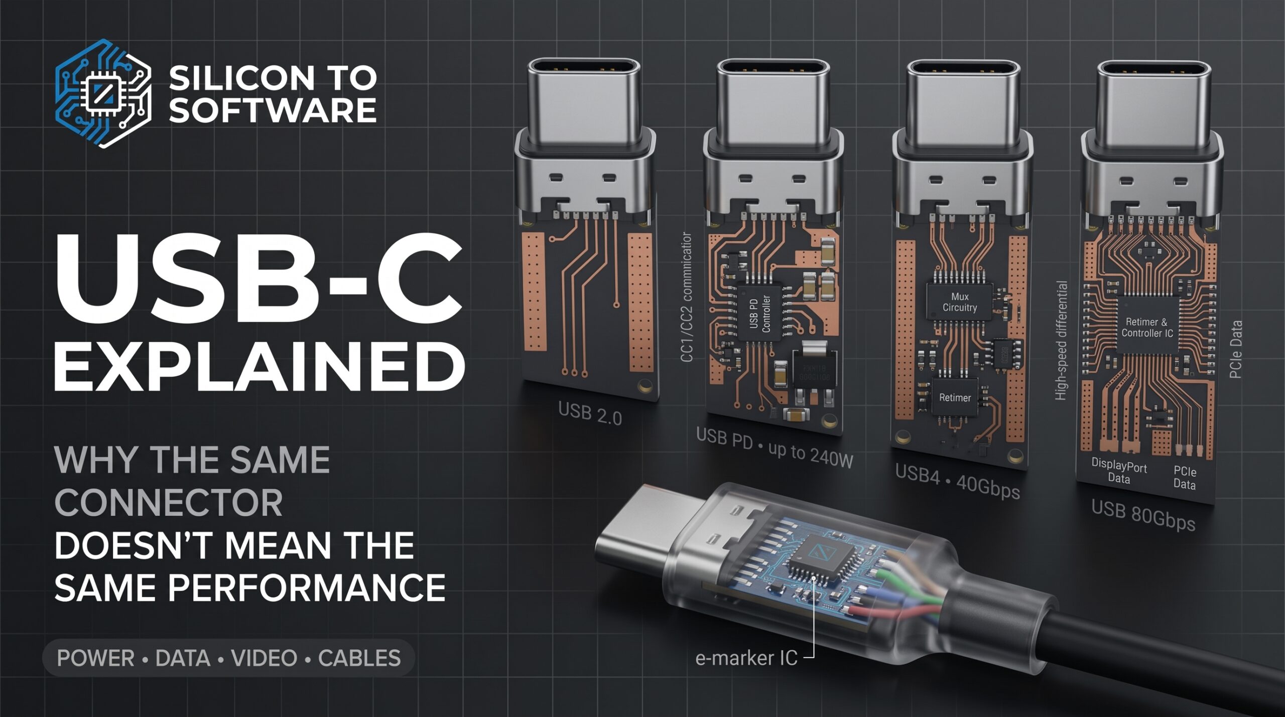 Four labeled USB-C connector cutaways showing increasing internal complexity from USB 2.0 to USB PD, USB4, and USB 80Gbps, alongside a cable cross-section revealing an embedded e-marker IC