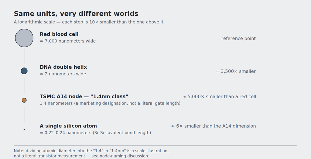 Moore's Law scale comparison: red blood cell, DNA helix, the A14 node dimension, and a single silicon atom