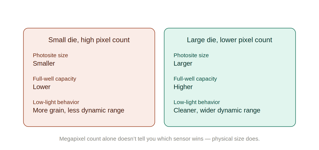 Comparison of a small sensor die with high pixel count versus a large sensor die with lower pixel count