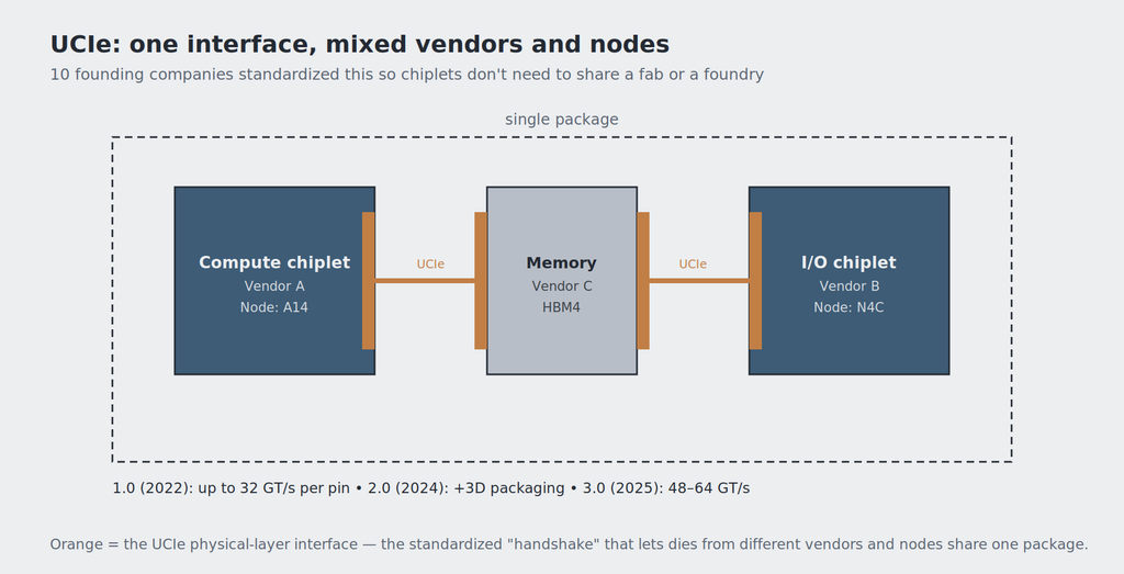 Architecture diagram showing a compute chiplet, memory chiplet, and I/O chiplet from different vendors and process nodes connected via the UCIe interface inside a single package