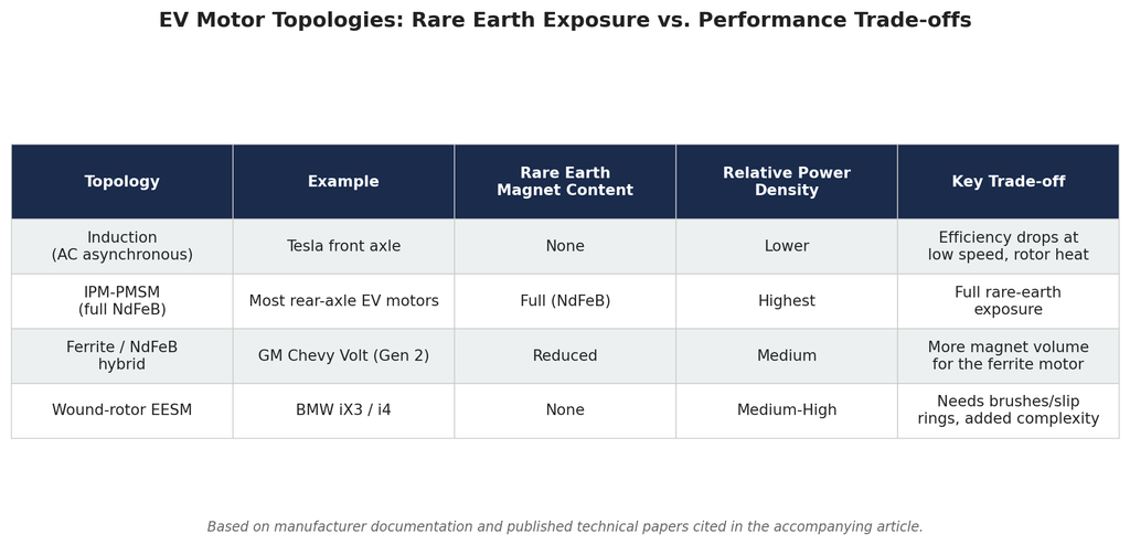 Table comparing four EV motor topologies — induction, IPM-PMSM with full NdFeB, ferrite/NdFeB hybrid, and wound-rotor EESM — across example vehicles, rare earth magnet content, relative power density, and key engineering trade-off.