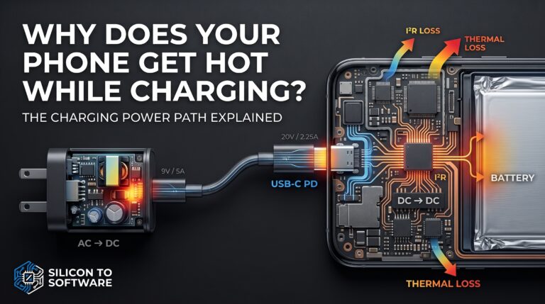 Why does your phone get hot while charging — illustrated diagram of the charging power path from wall adapter through USB-C PD to the phone's battery, showing I²R loss and thermal loss along the way