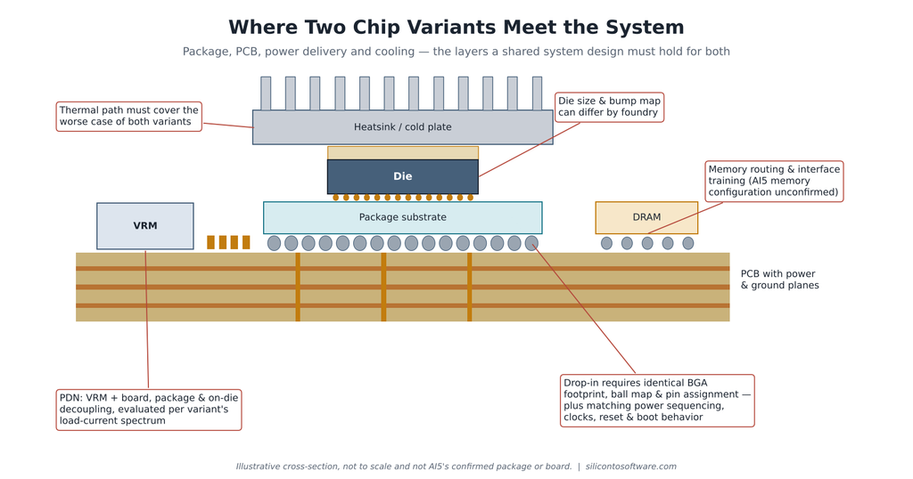 Tesla AI5 package and PCB cross-section illustration showing die, package substrate, BGA, DRAM, VRM, decoupling capacitors, heatsink and PCB power planes, with callouts on drop-in compatibility, PDN and thermal limits.