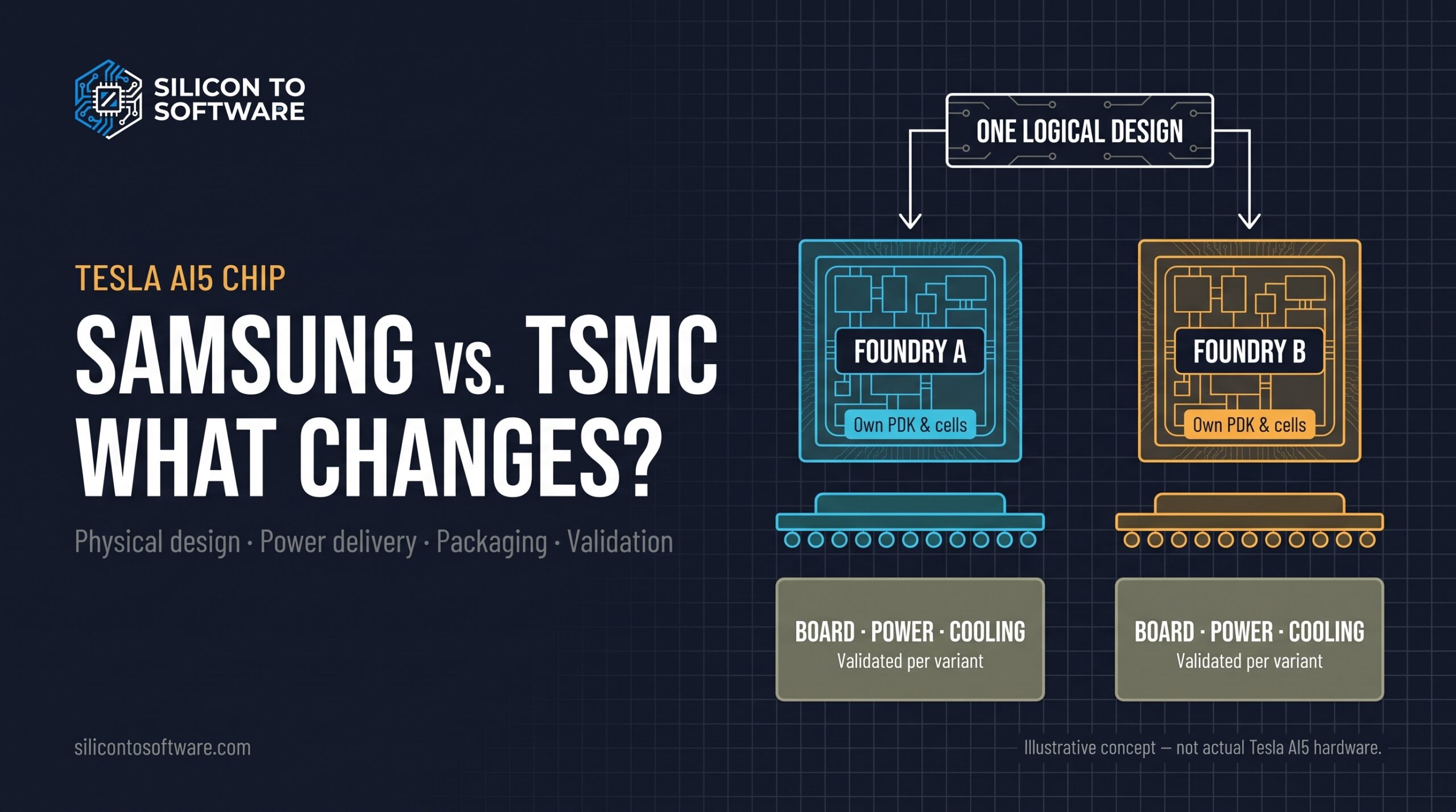 Tesla AI5 chip dual-foundry concept: one logical design split into two foundry-specific dies, each with its own board, power and cooling validated per variant.